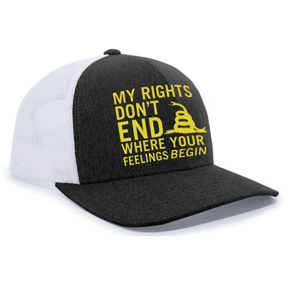 My Rights Don't End Where Your Feelings Begin Snake Mesh Back Trucker Cap, Black Heather/White