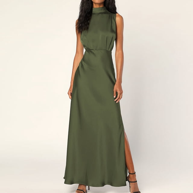 Vestido Formal De Satén Vestidos largos para mujer Vestido de noche con cuello simulado y abertura lateral para cóctel (Verde militar S) Cgtredaw Para estrenar