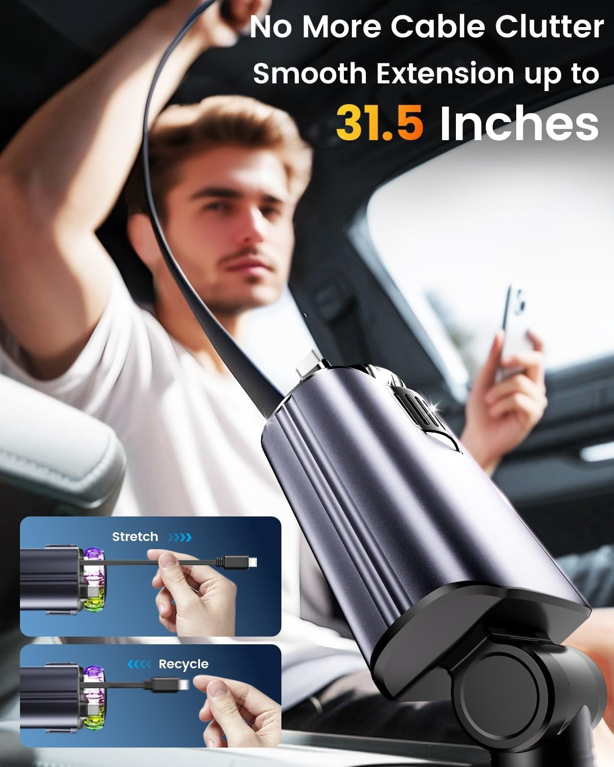 The Car Charger with Air Freshener Diffuser & Star Lights,Multi Port Cigarette Lighter Adapter for iPhone Car Phone Charger USB-C/Type-C Fast Charging with 2 Retractable Cable,Car Aromatherapy