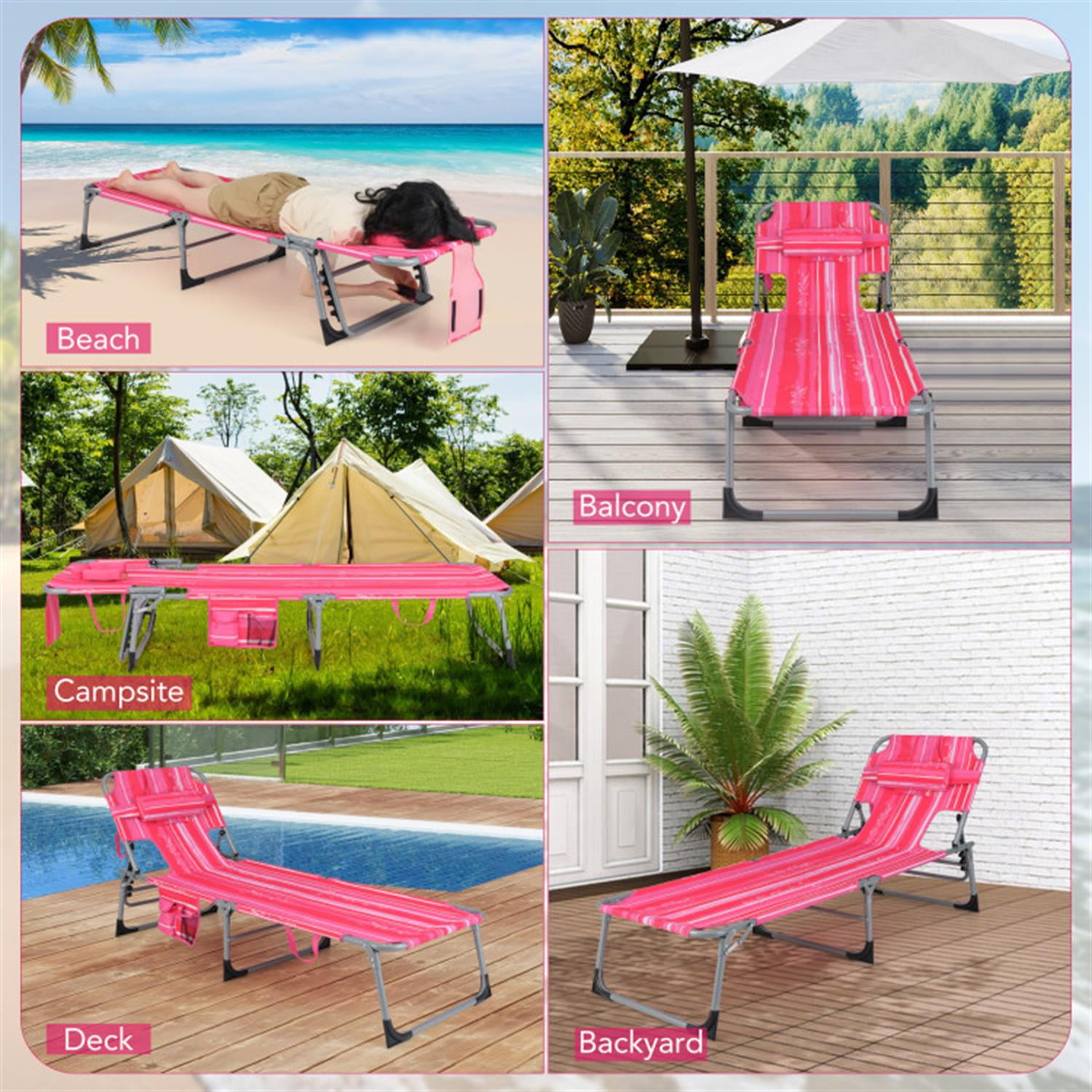 Demi Bonn Patio Folding Beach Lounge Chair with Pillow for Outdoor Pool, Sunbathing and Reading on Stomach, Pink