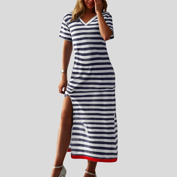 WILLBEST Vestidos Floreados para Mujer, Vestido de Verano Informal de Moda para Mujer, Vestido Largo de Manga Corta, Vestido Estilo Camiseta A Rayas, Vestido Largo con Bloques de Color Extra Grande