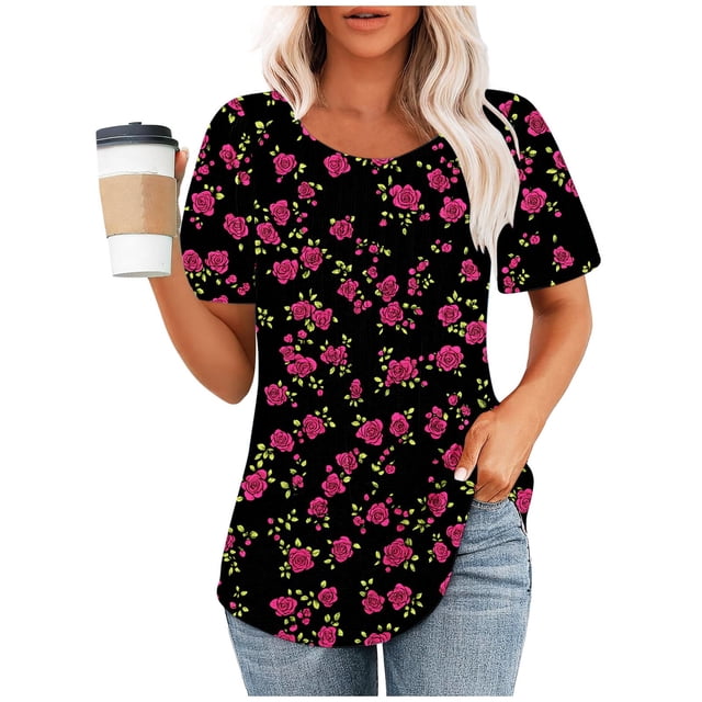 PXLKNZH Chemises Plissées à Manches Courtes pour Femmes Col Rond Décontracté Printemps Automne Hauts Coupe Ample Tunique Légère Imprimée Florale Mode 2025 Vêtements Multicolore,TG