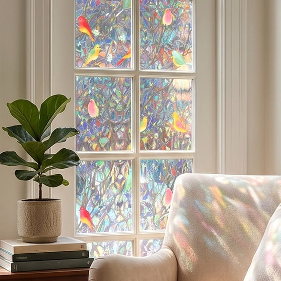 YiJuHui Birds And Branches Window Decal, Static Cling Privacy Film, 17.7 x 78 in, Heat Insulation Glass Sticker, Removable UV Blocking Decorative Vinyl for Home Office