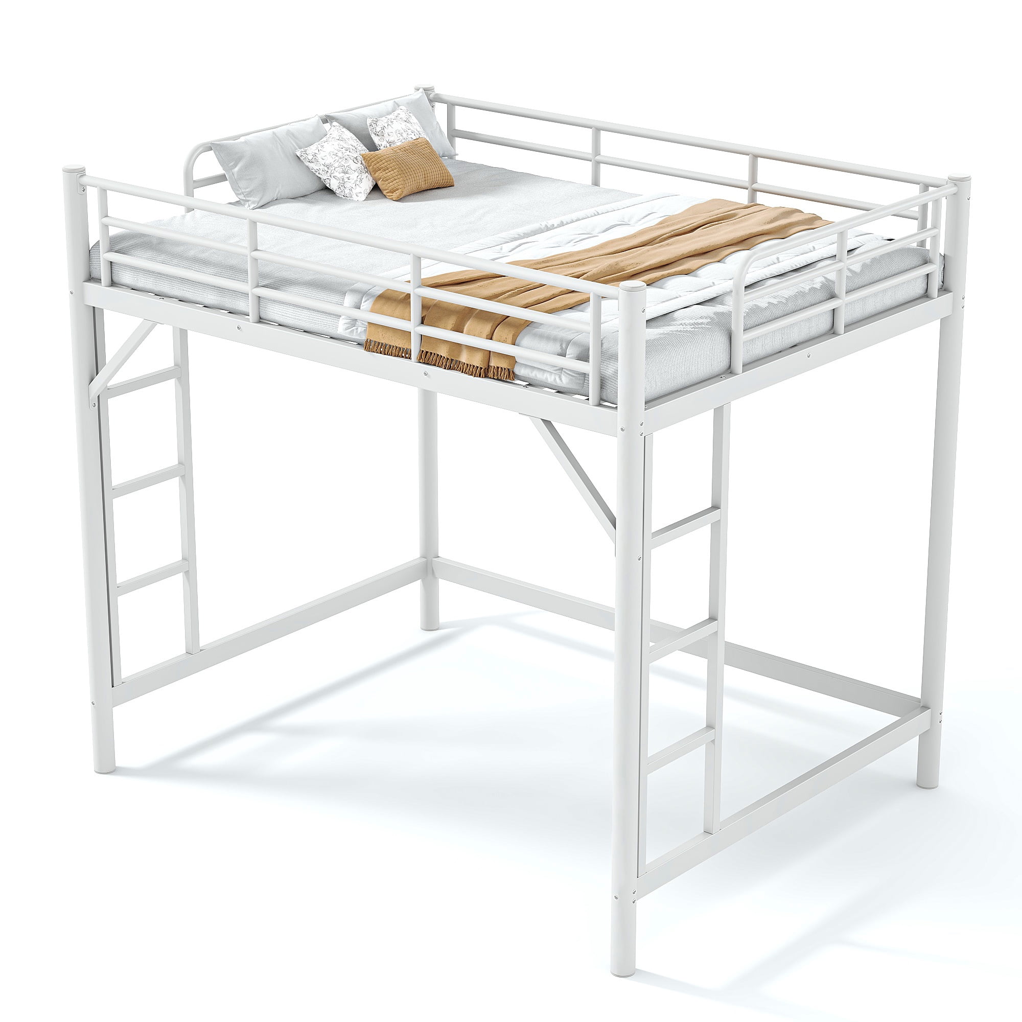 Mintazer Full Metal Loft Bed Frame with Side Ladders & Guardrails for Teens Adults, No Box Spring Needed, White