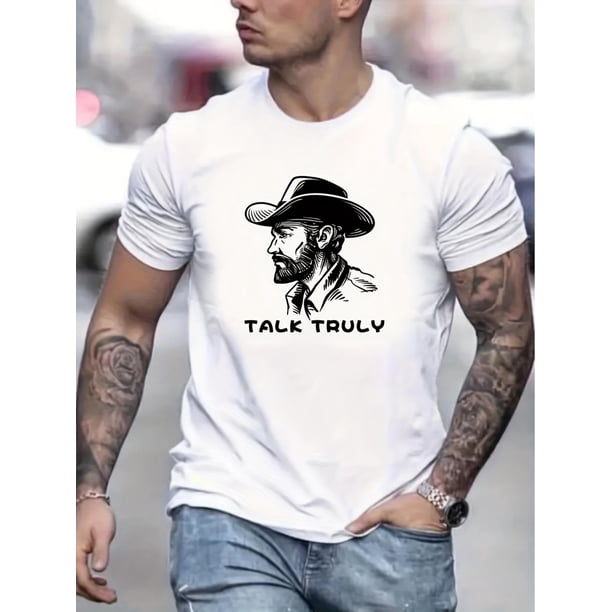 Cowboy & Letter Pattern Print Men's Comfy T-shirt, Graphic Tee Men's Summer Clothes, Men's Clothing