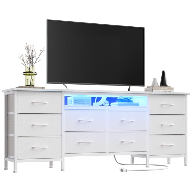 QinaQin Mueble para TV de 63 pulgadas con 10 cajones, centro de entretenimiento para pantallas de hasta 75 pulgadas, con luz LED y contacto eléctrico
