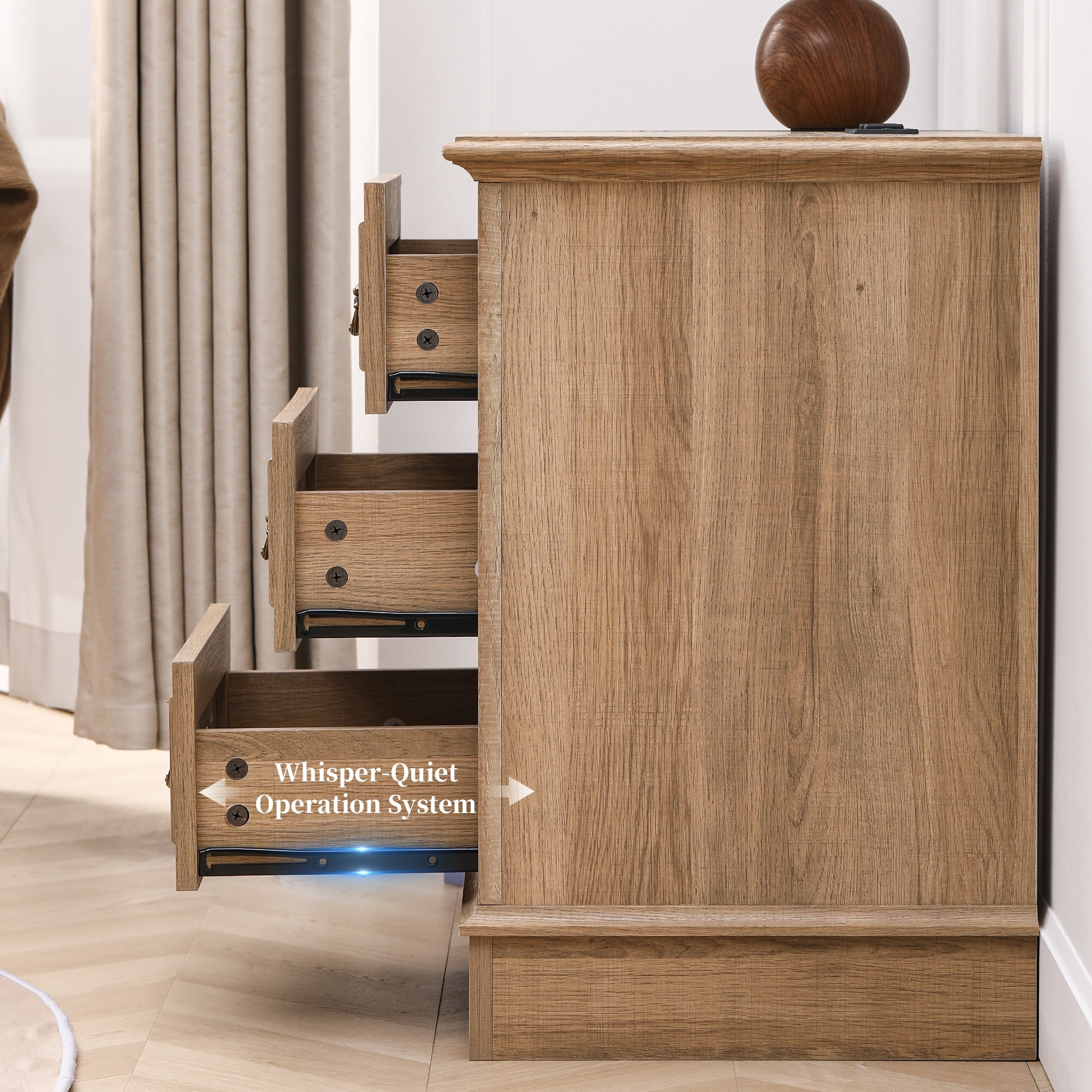 FIAKOA Farmhouse 3 Drawer Nightstand set of 2 for Bedroom, Rustic Bedside Table for Livingroom, Oak