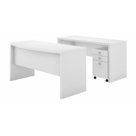 Echo Bow Front Desk and Credenza w/ Drawers in Pure White - Engineered Wood