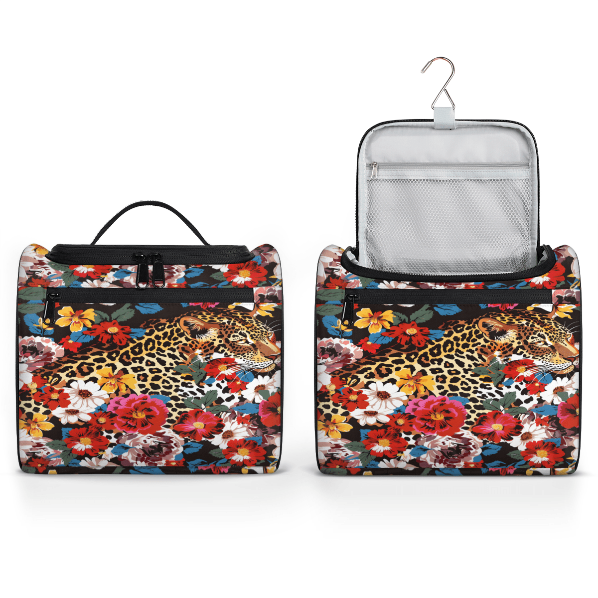 Herdesigns Leopard Cheetah Flower Toiletry Bag for Women, Travel Makeup Bag, Waterproof Hanging Cosmetic Organizer for Toiletries & Makeup Essentials