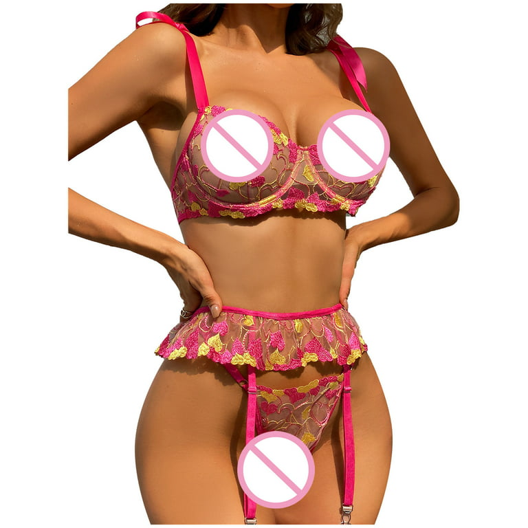 Ladies Fashion Sexy Cute Lingerie Hollow Lace Flowers Ruffles Sexy  Underwear Thong Garter Belt Suit 