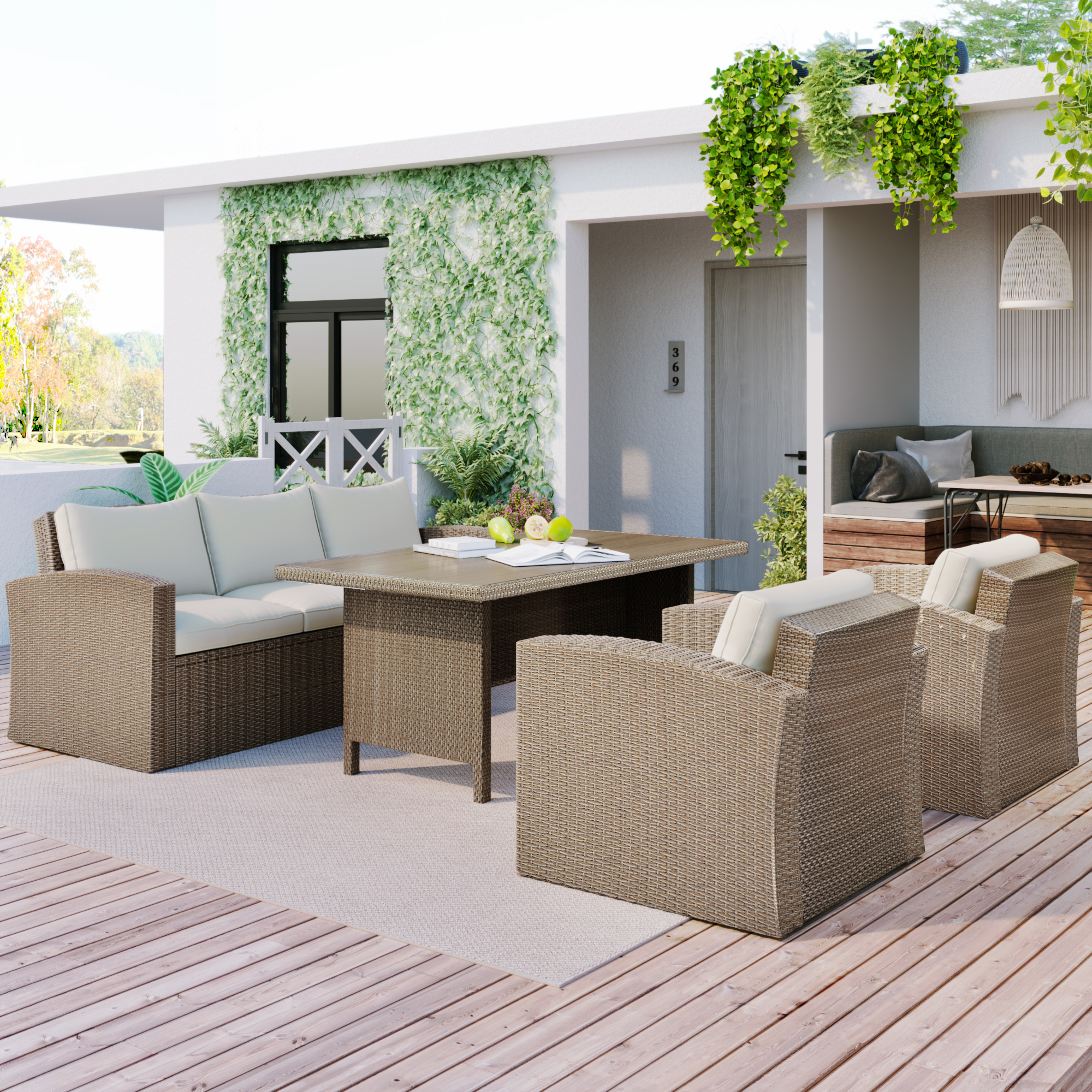 Andoer Outdoor Patio Furniture Set 4-Piece, Conversation Set Wicker Furniture Sofa Set with Beige Cushions - image 2 of 7