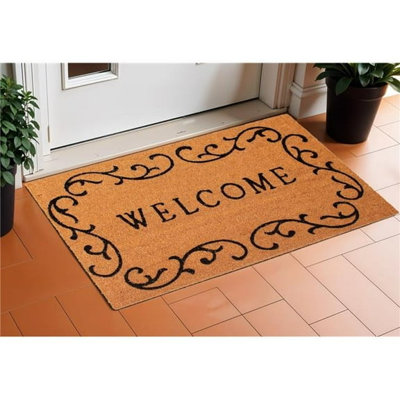 HomeRoots 632308 17 x 29 in. Natural & Black Scrollwork Welcome Outdoor Coir Door Mat