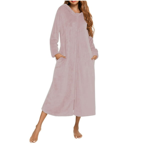 XIAONU Womens Plush Hooded Zip Up Robe Loose Fit Long Sleeve Hooded Neck Bathrobe Warm Cozy Sleep Robes