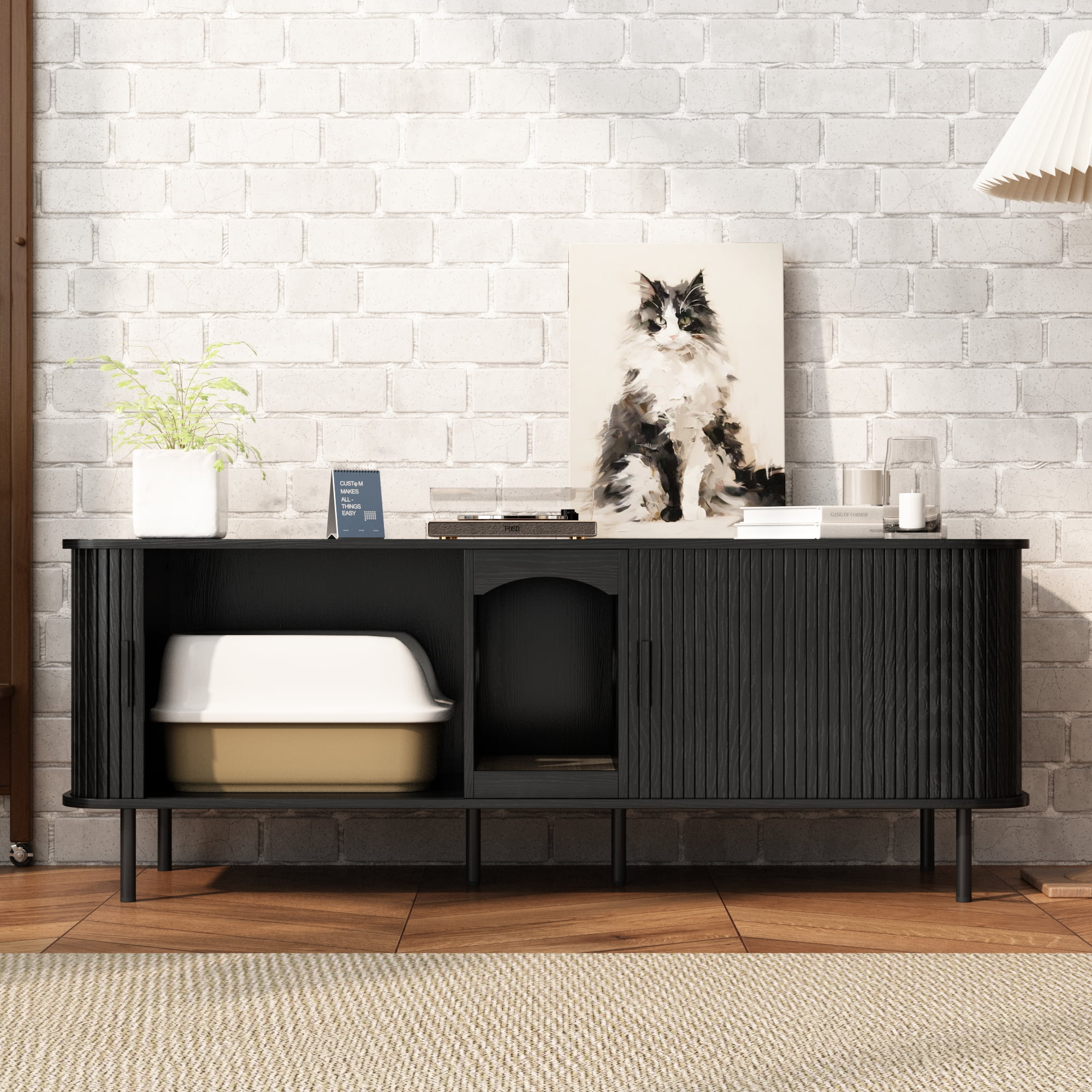 PieDle 59'' Large Cat Litter Box Enclosure with Sliding Tambour Door, Hidden Litter Box Furniture, Wood Cat Litter Box Cabinet with Cat Scratch Pad