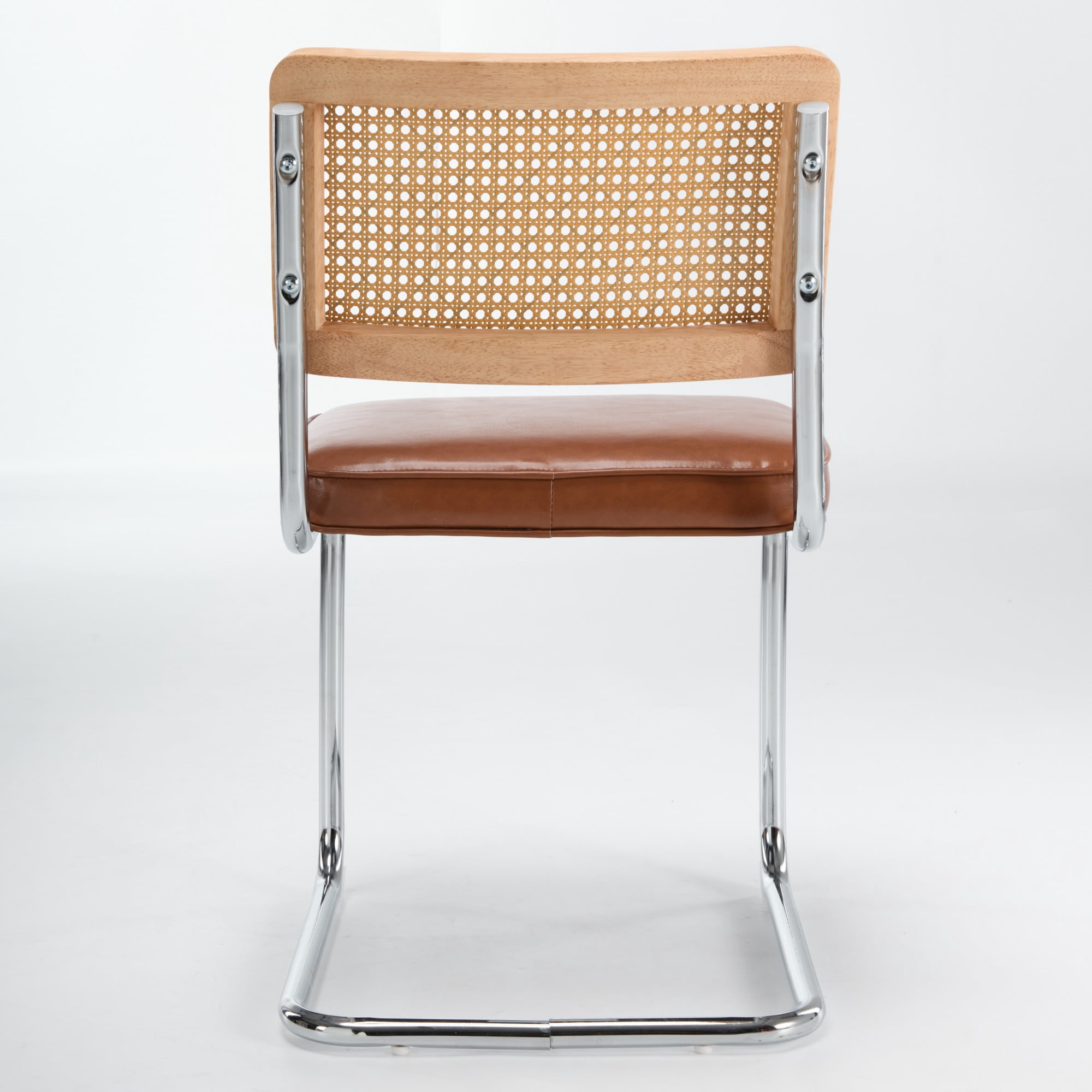 GARITIN Dining Chairs Set of 2, Mid-Century Cane Rattan Dining Chair with Solid Wood Frame, Faux Leather Seat, Cantilever Chrome Metal Armless Side Chair for Kitchen, Brown