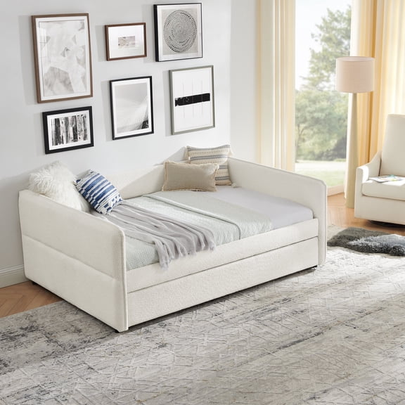 Oufan Full Size Daybed with Trundle, Modern Boucle Sofa Bed Frame with Upholstered & Wood Strong Supports for Guest Room, Space Saving