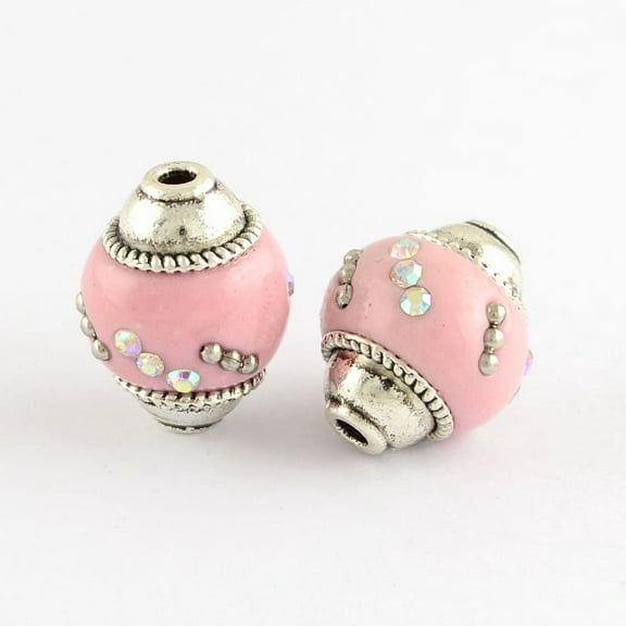 Handmade Indonesia Beads with Rhinestones and Alloy Cores Oval Silver Pink 15~17x14mm Hole: 2mm
