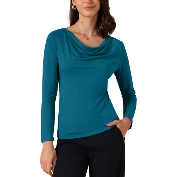 Camiseta ajustada de manga larga con cuello drapeado para mujer INSPIRE CHIC, suave, talla XL, azul pavo real