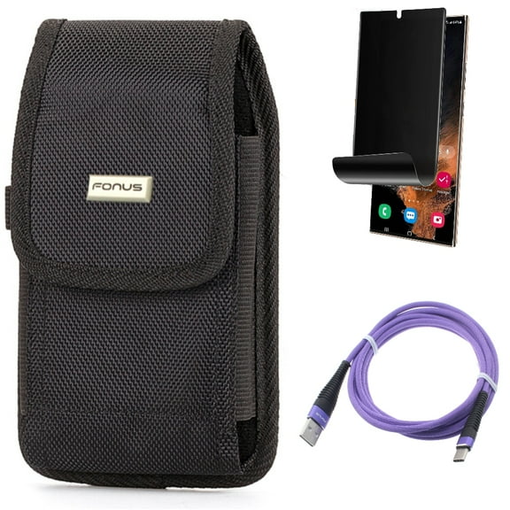 6ft USB Cable & Case Belt Clip & Privacy Screen Protector for Samsung Galaxy S22 Ultra (6.8") - Combo Purple Type-C Charger Cord & Rugged Holster Canvas & TPU Film (Fingerprint) Anti-Peep