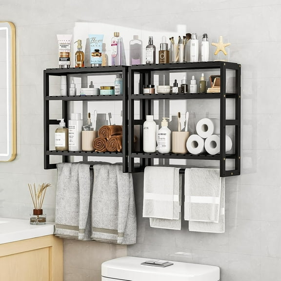Over The Toilet Storage Bathroom Shelves Wall Mounted 3 Tier Space Saver Corner Shelf Organizer Bamboo Towel Rack Toilet Paper Cabinet with Hanging Rod Black Sets