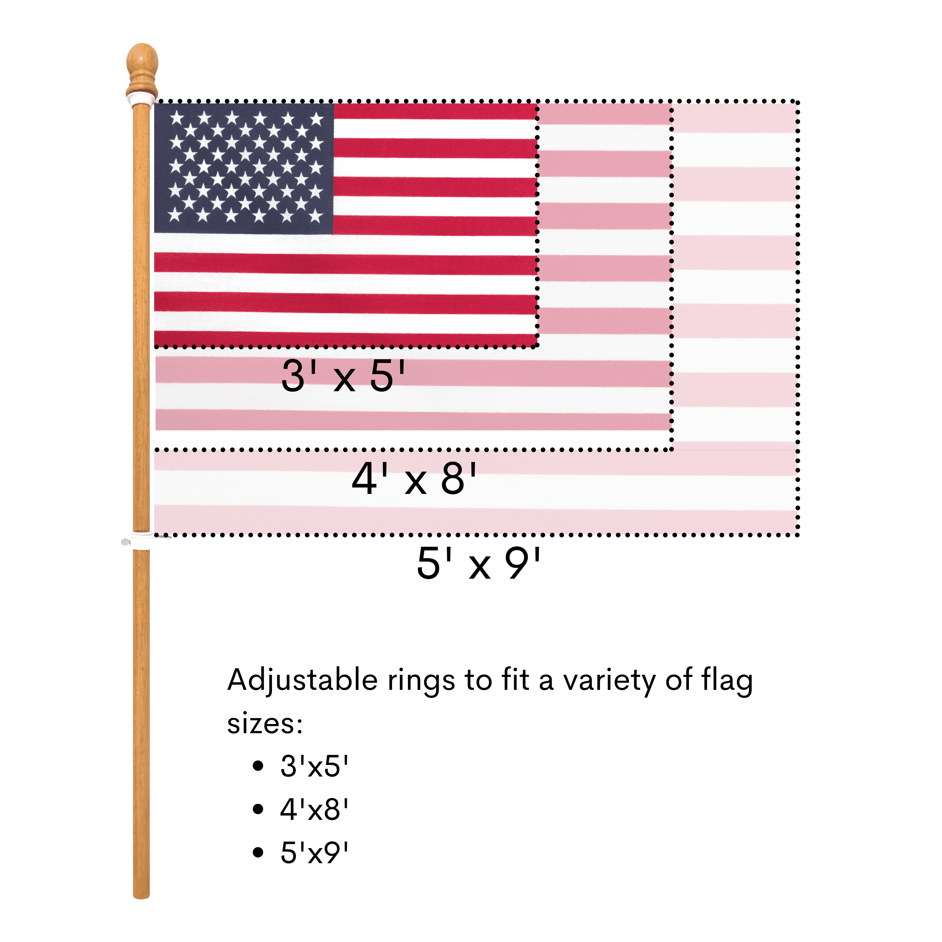 ILOT 56" Wooden Flag Pole for House Pack of 2 Tangle Free Adjustable Rotating Rings Fit All Flag Sizes