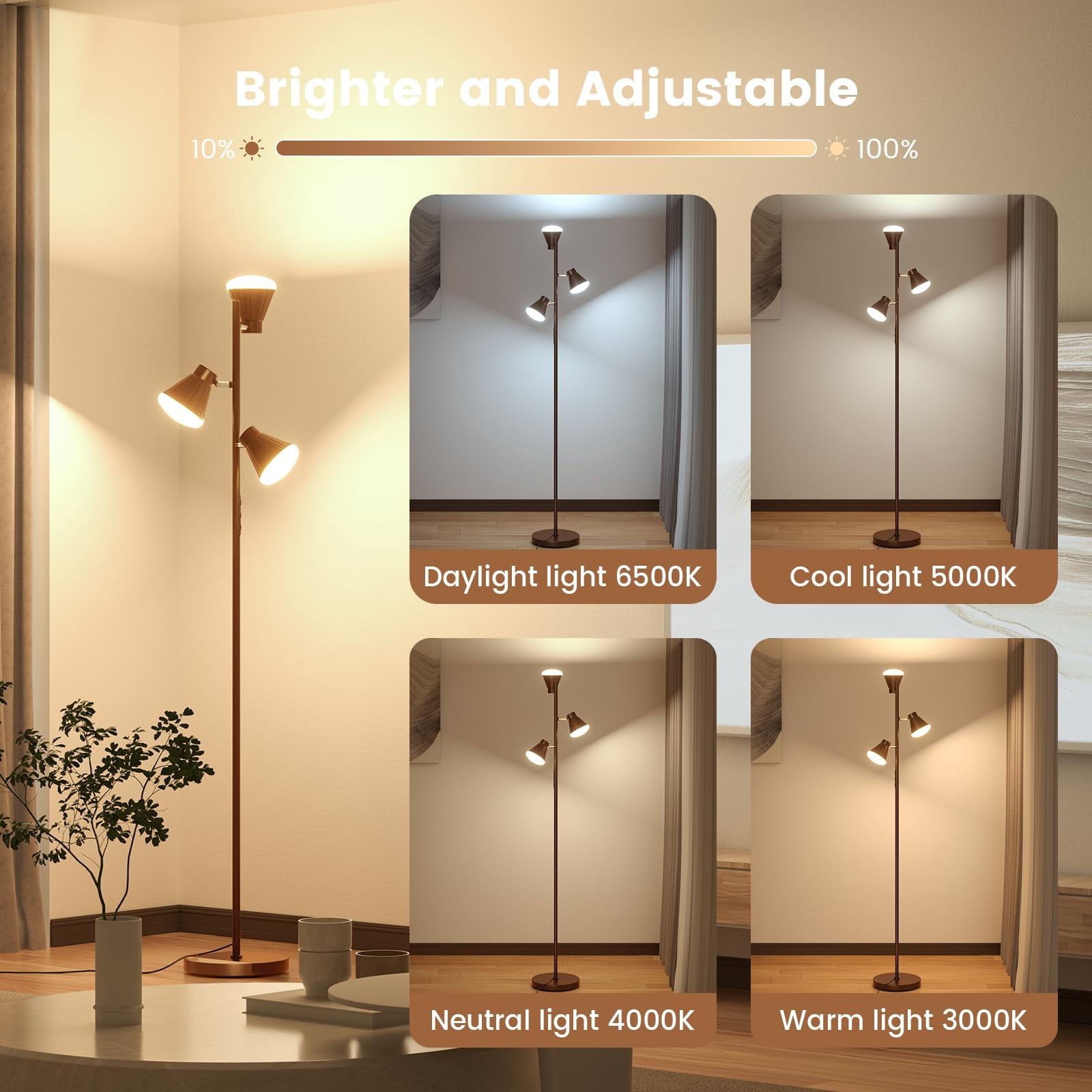 36W LED Tree Floor Lamp, Dimmable Tall Standing Lamp with Remote & Touch Control, 4 Color Temperatures Bright Floor Lamp, 3 Rotatable Light Modern Floor Lamps for Living Room Bedroom Office