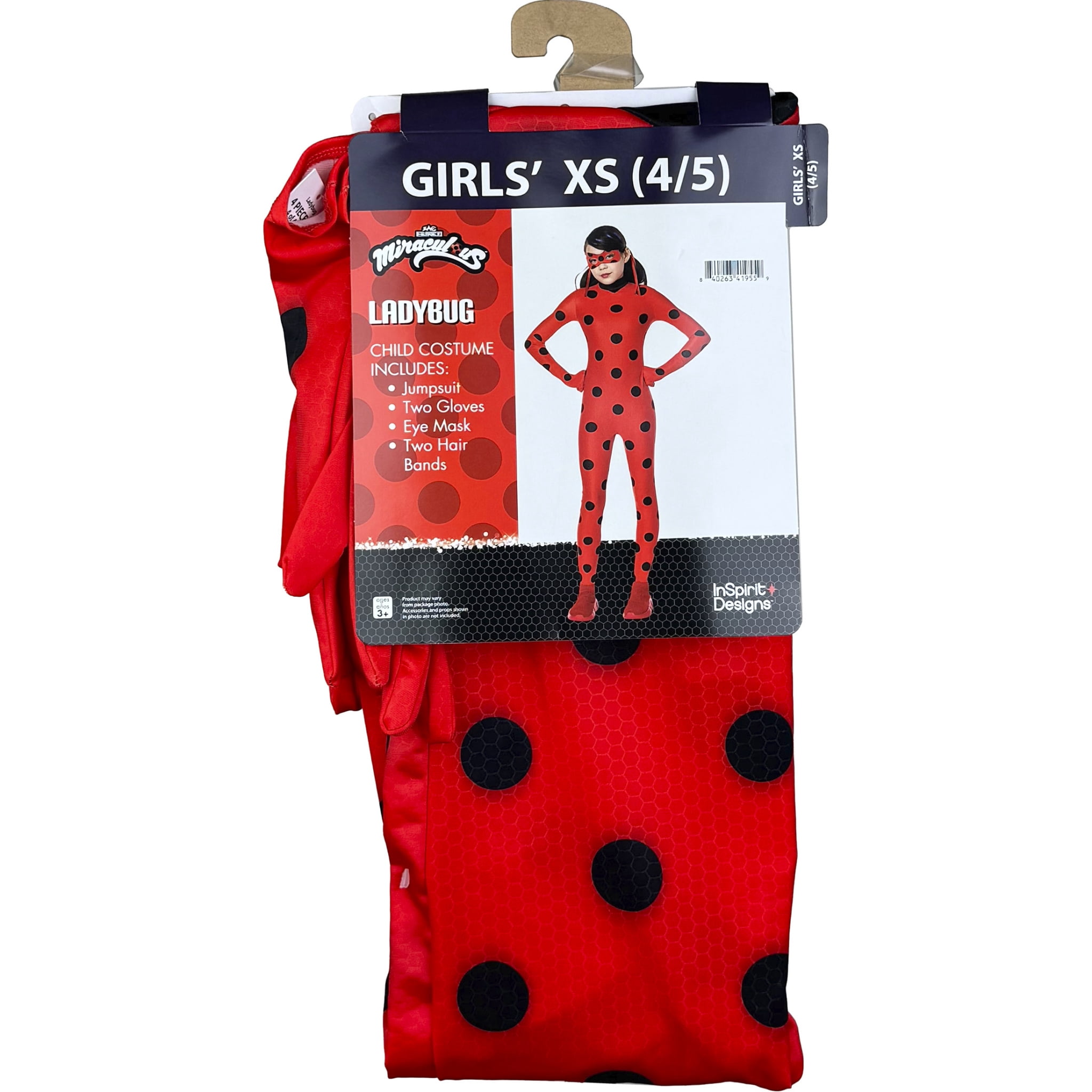Miraculous Ladybug 4pc Jumpsuit Halloween Costume for Children, Girls' Size XS (4/5), by Inspirit Designs