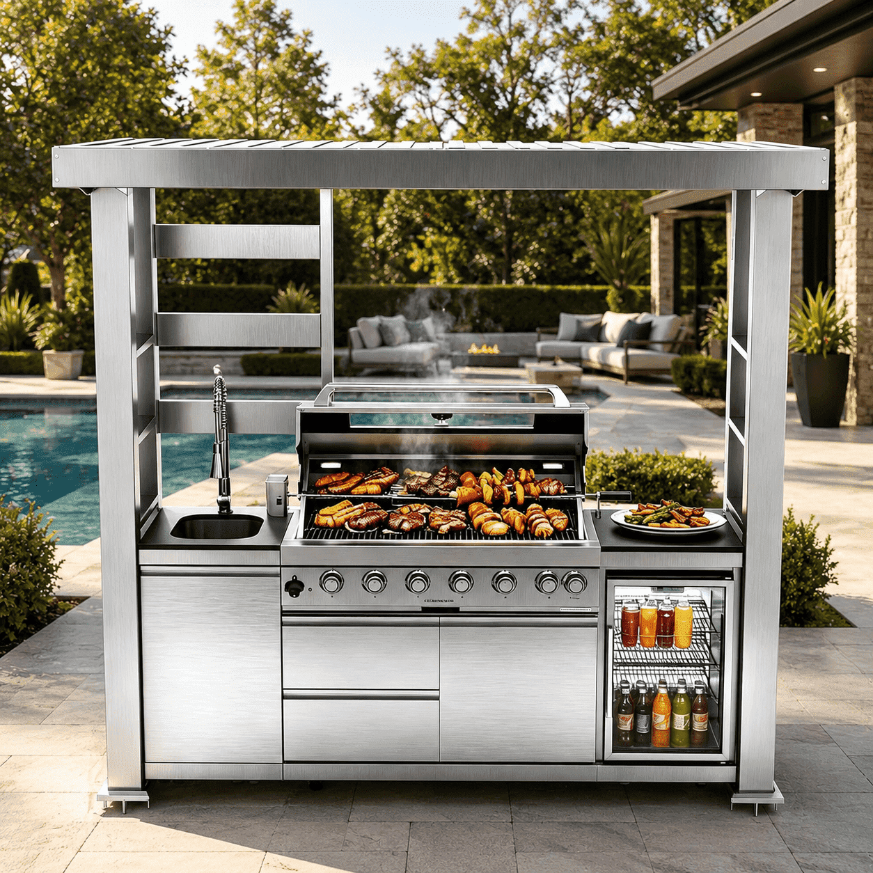 94" Modular Outdoor Kitchen Island – 6-Burner 85,000 BTU Natural Gas Grill with Rotisserie, Granite Countertops, Stainless Steel Sink, Beverage Fridge & Galvanized Steel Roof