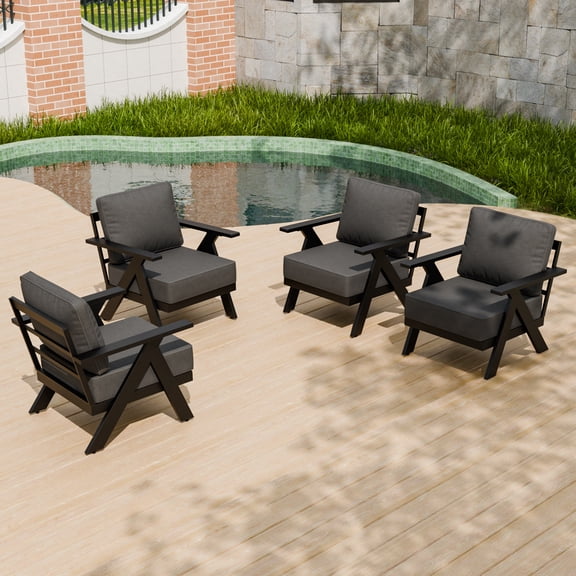INTER HUT Urban Anvil 4 Pieces Patio Furniture Outdoor Metal Armchairs, All-Weather Patio Accent Chairs with Cushions,Black/Gray