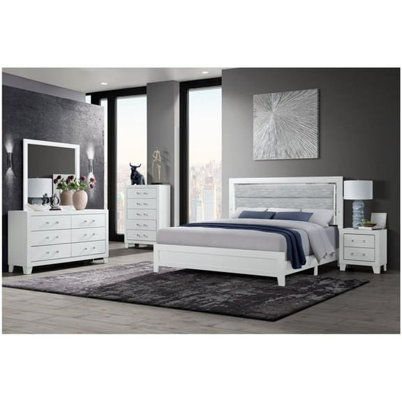 Global Furniture USA LUCCIA-WHITE-KB W-LED DR MR NS 4 Piece Luccia King Size Bedroom Set - White