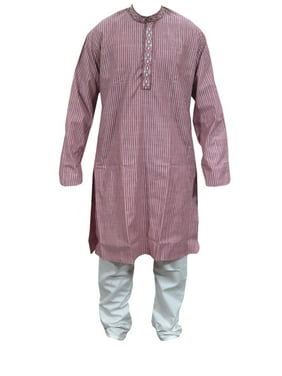 Mogul Men's Kurta Pajama Set Long Sleeve Fine Stripes Embroidered Neck Pink Tunic With White Bottom