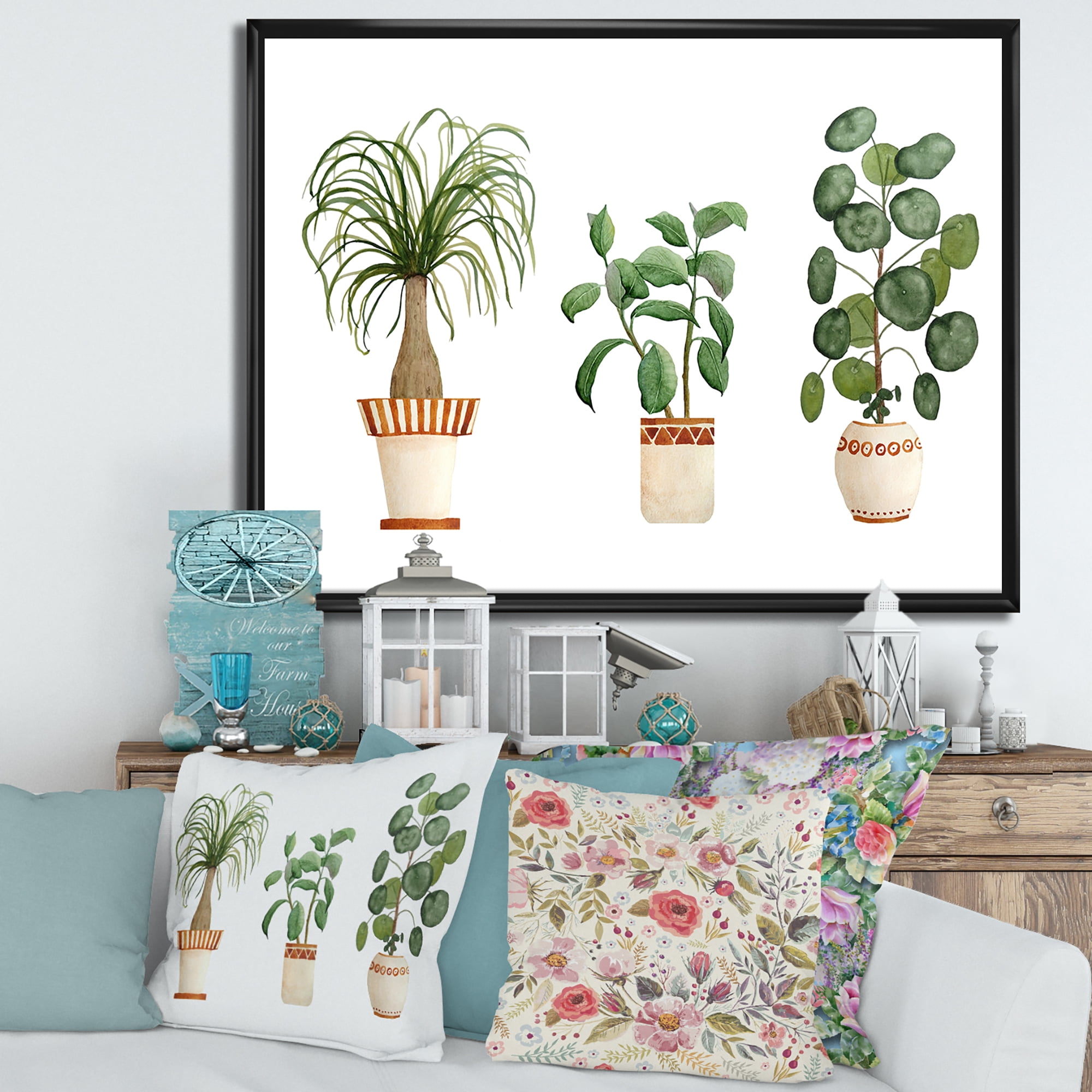 Designart 'Trio of House Plants Ficus Ponytail and Palm' Traditional Framed Canvas Wall Art Print