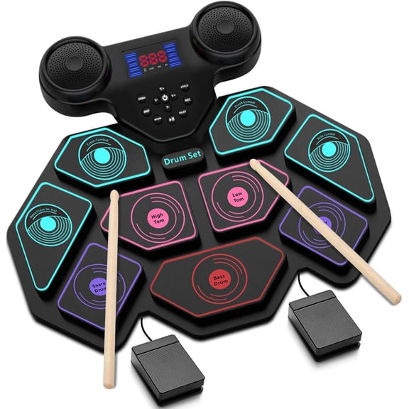 Drum Set -  Electric Drum Set Roll Up Portable Drum Kit MIDI Practice Drum Pad with Dual Built-in Speaker, Drum Sticks and Pedals, Christmas Birthday  for  Adult