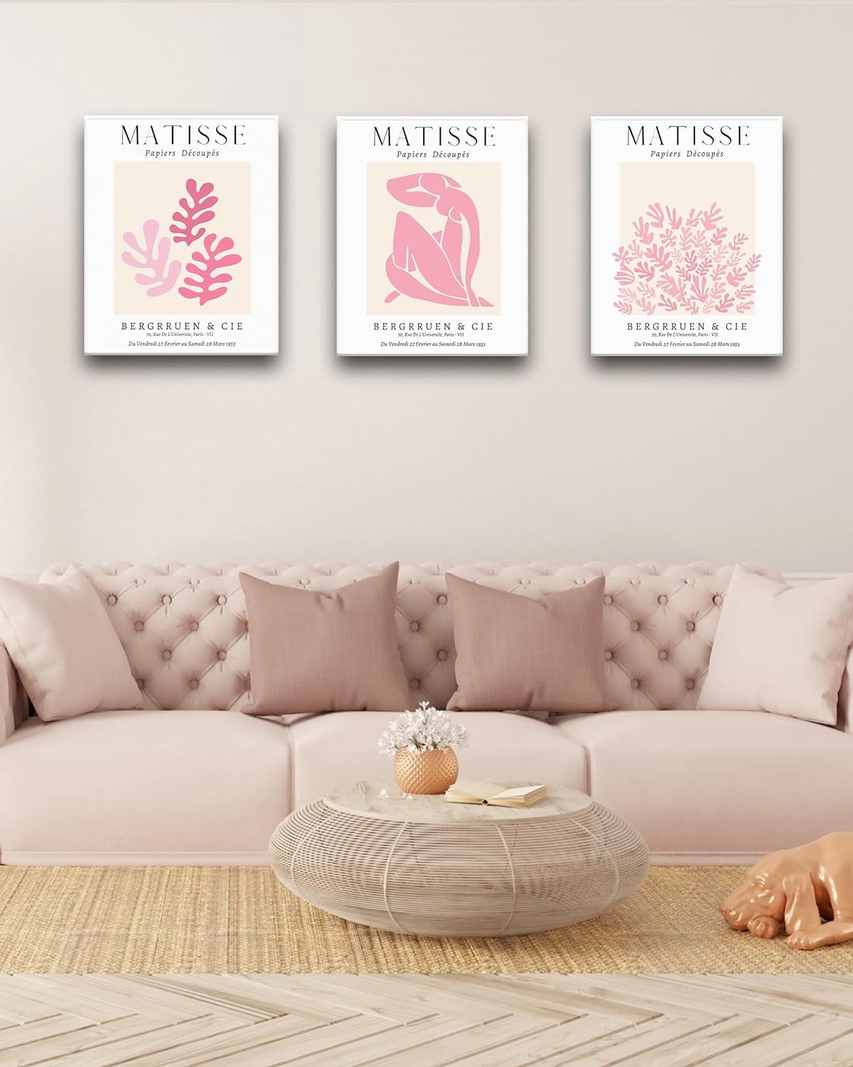 Framed Matisse Pink Wall Art Set of 3,Minimalist Canvas Wall Decor,Truly Quality Canvas Prints for 12x16IN,Art Poster Decoration for Bathroom,Bedroom