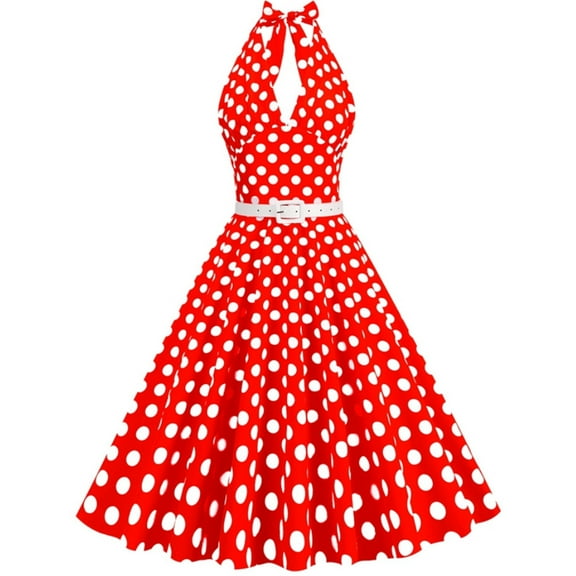 XFLWAM 1950s Retro Dress for Women Polka Dot Halter Sleeveless Cocktail Party Dress A-Line Swing Vintage Rockabilly Dresses with Belt Red M