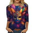 thumbnail image 2 of Mifsaly Womens Mardi Gras Shirts Carnival Mask Print 3/4 Sleeve Tops Comfy Lightweight Festival Blouse Loose Fit Party T-Shirts Spring Summer Going Out Daily Streetwear S, 2 of 7