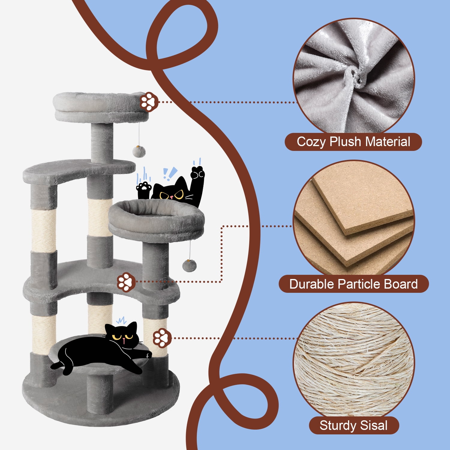 Amolife 55.5" Large Cat Tree and Tower with 5 Scratching Posts, Cat Perches for Indoor Cats and Kittens, Gray