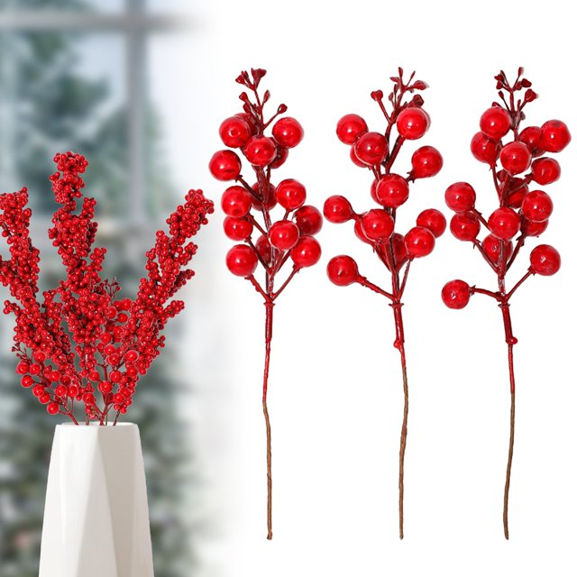 Décorations de Noël Extérieures Fleurs Artificielles Tiges de Baies Rouges Petites Baies de Houx Pics pour Arbre de Noël Couronne de Mariage Imitation Ménagère