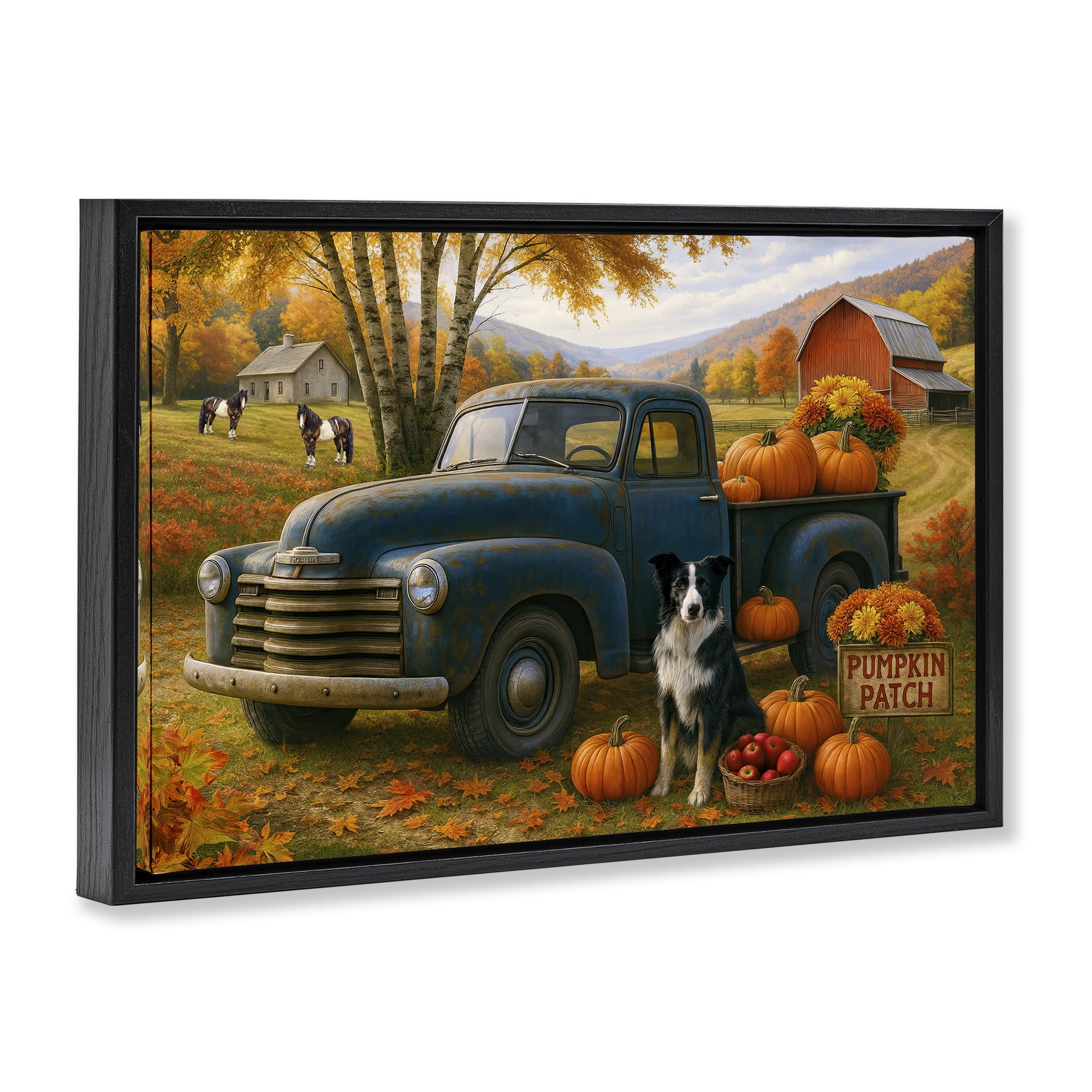 Autumnal Farmland Collie Dog Black Framed Floater Canvas Wall Art, design by Tom Crehan