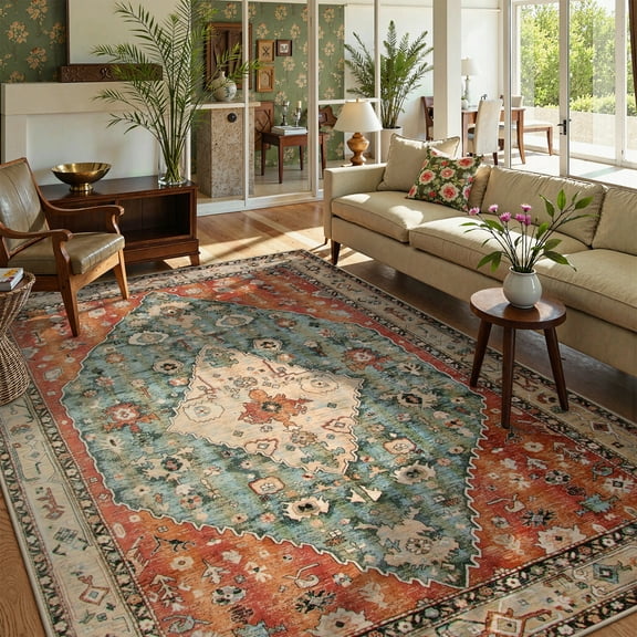 Lahome Decor 6'x9' Boho Vintage Area Rug,6x9ft Large Washable Living Room Rugs,Traditional Non-slip Indoor Carpet Low Pile Foldable Ultra-Thin Vintage Rug for Bedroom Dining Room Office Farmhouse,Red