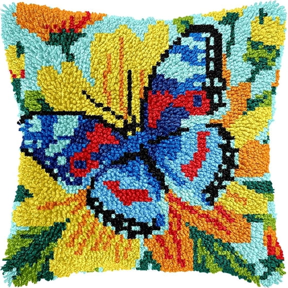 Butterfly Latch Hook Pillow Cover Kits for DIY Handmade Throw Pillow Cross Stitch Latch Hooking Pillowcase Kits with Preprinted Color Pattern Canvas Crochet Yarn Kits 17''X 17''(7-253)