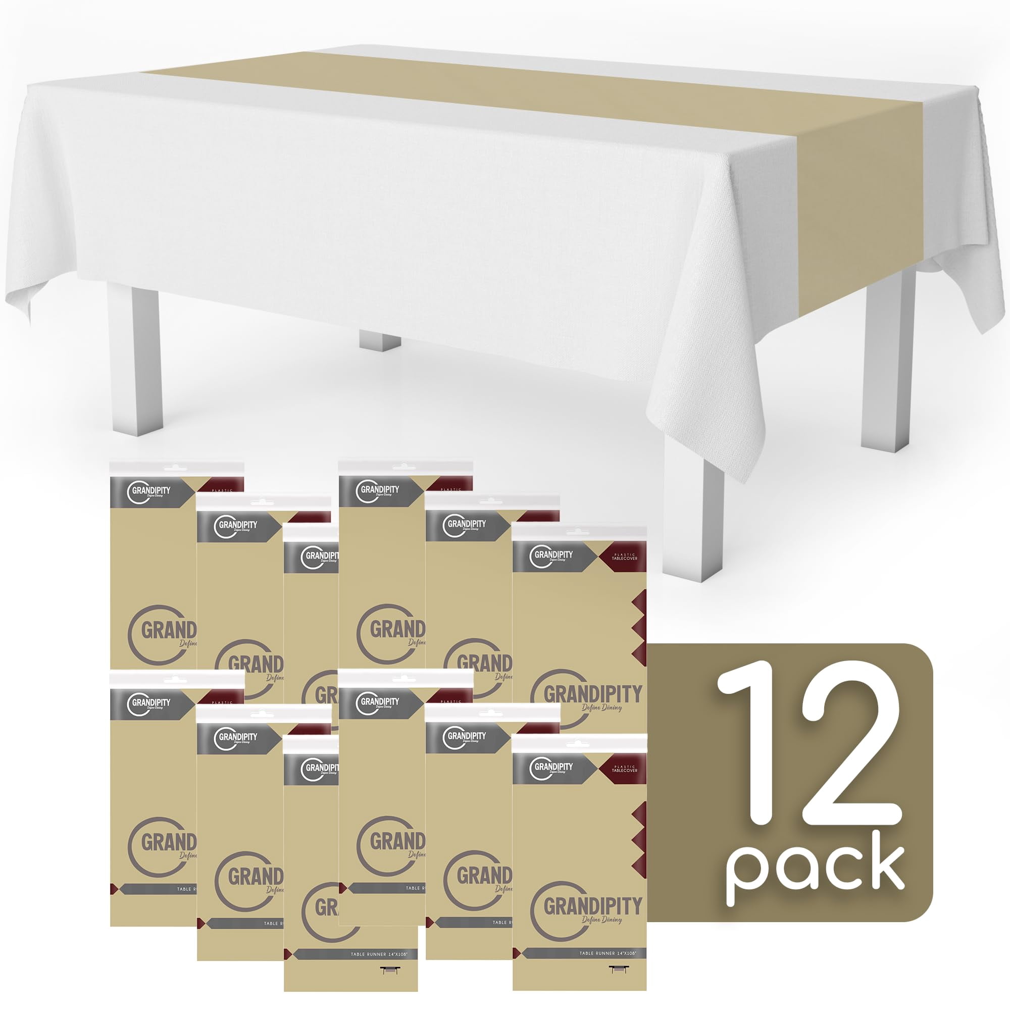 Beige 12 Pack Premium Disposable Plastic Table Runner 14 x 108 Inch. Decorative Table Runner for Dinner Parties & Events, Decor By Grandipity