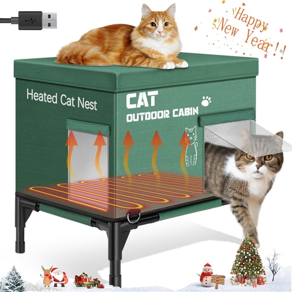 NAIZEA Heated Cat House for Outdoor Cat(Power Bank not Included), Outside Heated Cat Bed Cat Shelter Kitty with Pet Heating Pad, Waterproof & Safe Escape Door & Insulated