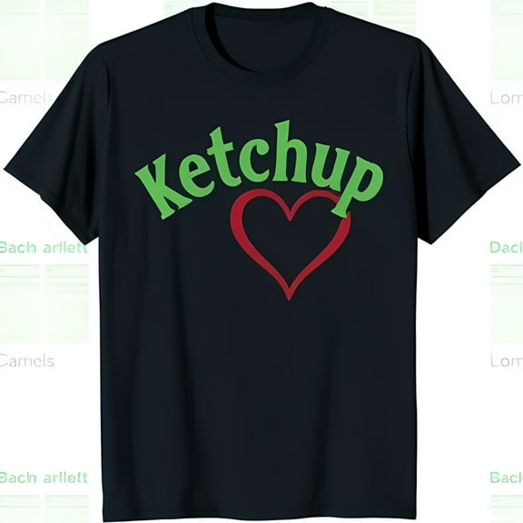 Whimsical Ketchup Graphic Black T-Shirt with Playful Heart Design Fun Casual Wear