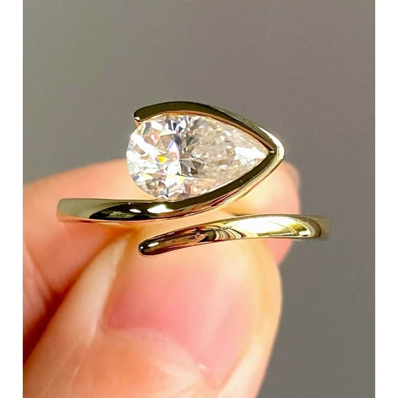 14K Yellow Gold Plated Bezel East West 1.5 Ct Pear Lab Created Diamond Solitaire Ring