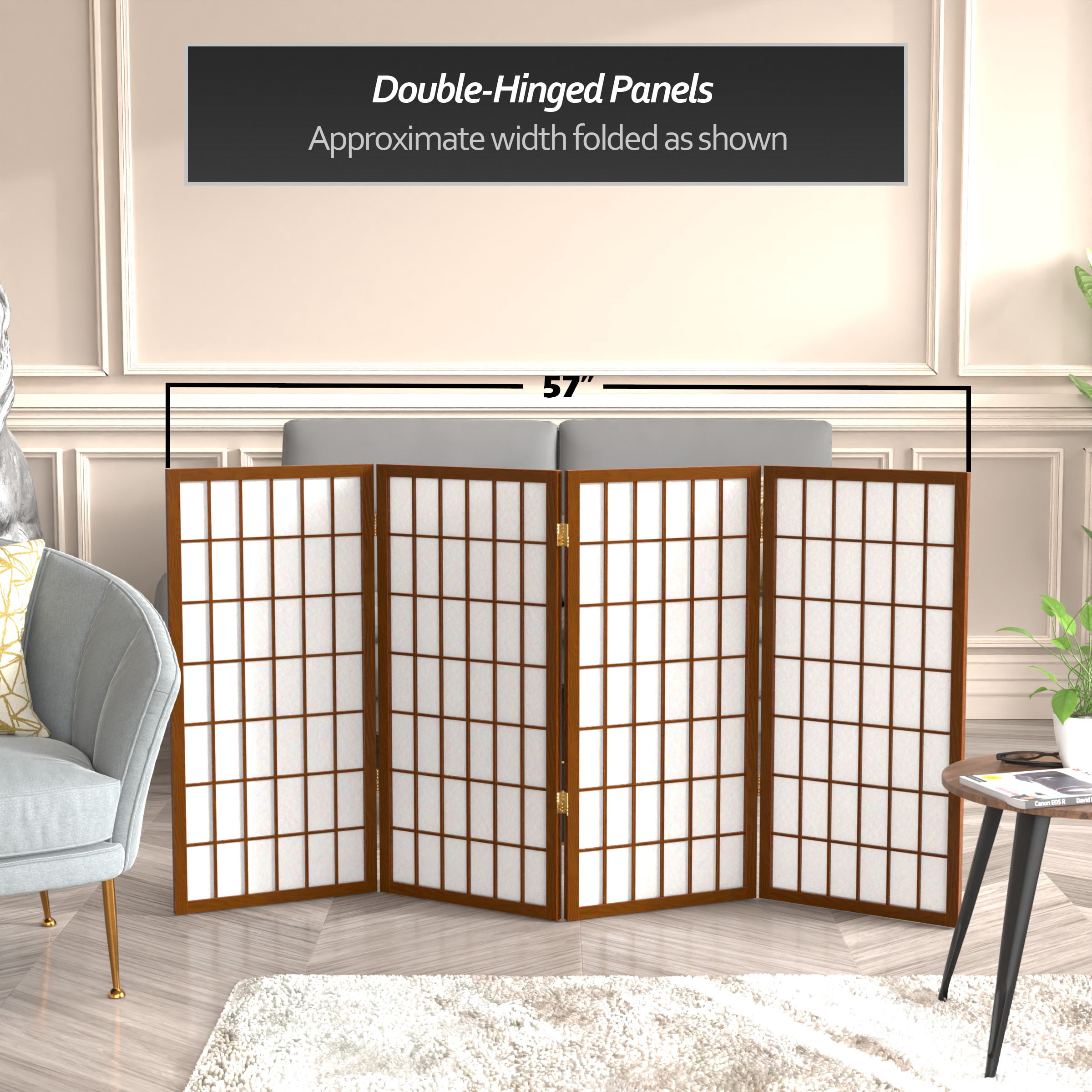 3 ft. Tall Classic Japanese Window Pane Lattice Privacy Screen - Walnut - 4 Panels