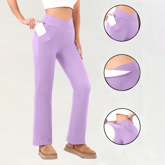 Miqool Womens Fleece Yoga Pants High Waisted Workout Athletic Leggings Straight Leg Butt Lifting Leggings with Pockets