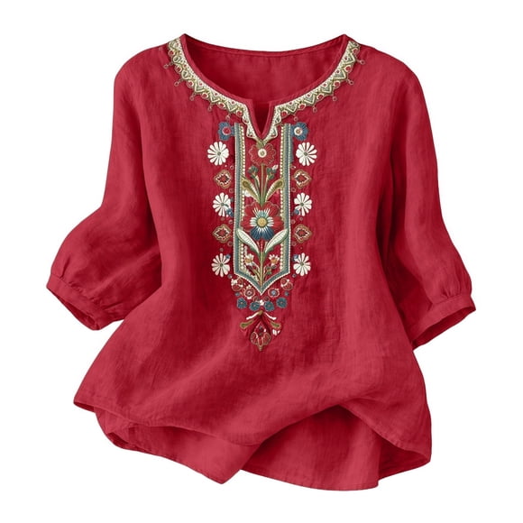 yardsong Womens Linen Blouses Dressy Embroidered Tops 3/4 Sleeve V Neck Lightweight T Shirt Casual Summer Boho Tunics Red,XXXL