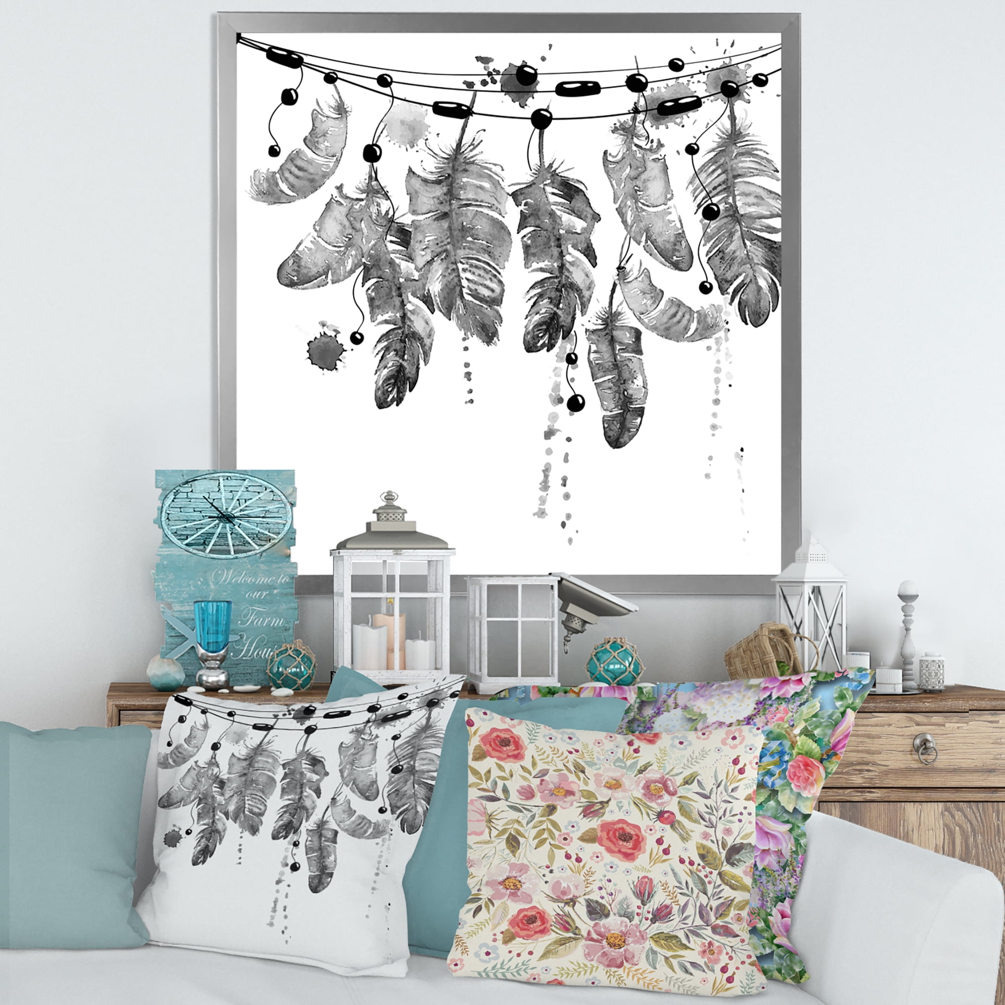 Designart 'Hanging Monochrome Bird Feathers' Bohemian & Eclectic Framed Art Print