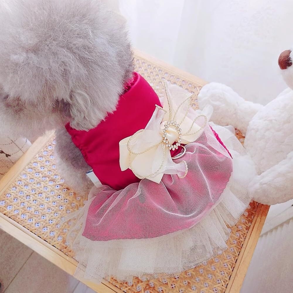 ANIAC Gray Dog Dress for Small Dogs Female,Bow Knot Girl Puppy Clothes with Detachable Pearl Necklace, Elegant Cat Dress, Formal Pet Pary Outfit for Wedding Birthday Valentines (Gray, Large)